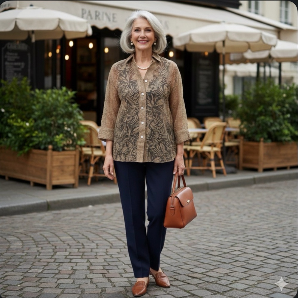 Coldwater Creek Vintage Tan Leaf Pattern Blouse